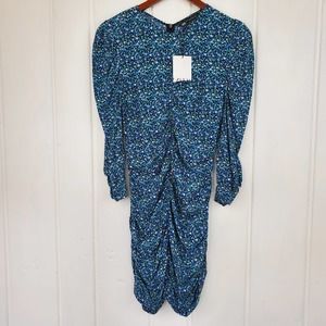 Zara XS Blue Floral Puff Long Sleeve Ruche Mini Dress